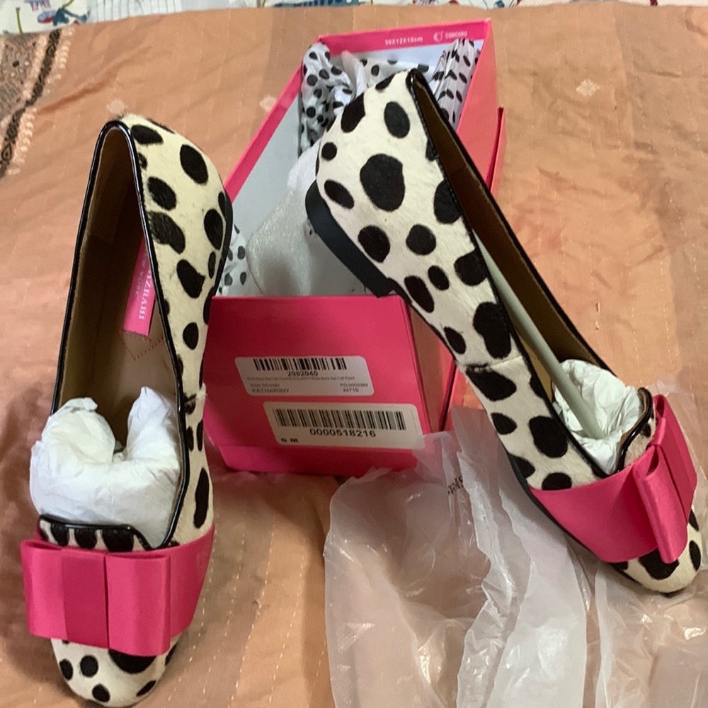 Isaac Mizrahi calf hair polka dot flats with pink bows.